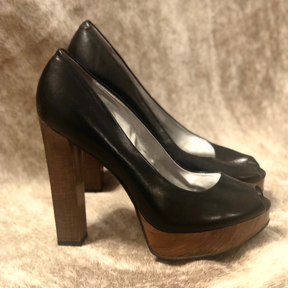 Patent leather & wood sky high heel